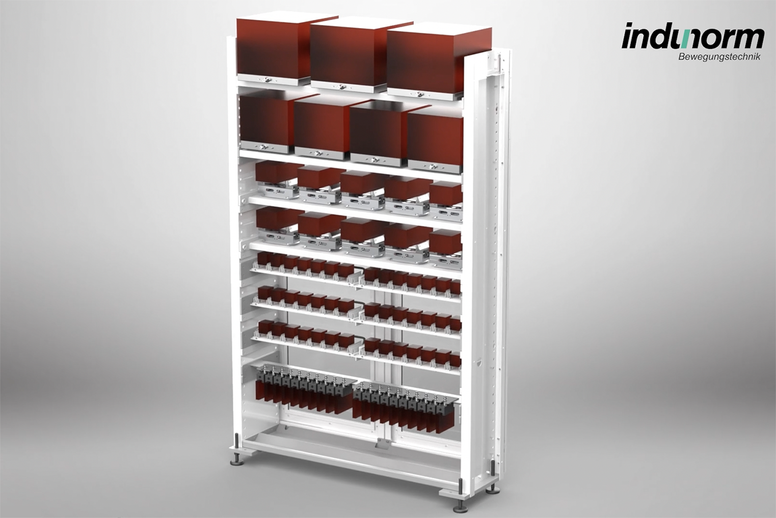 Das Vario-Regal. Regalböden, Schubladen, Werkstück- und Werkzeugträger können einfach in der passenden Höhe eingesetzt werden. Durch die flexible und variable Einteilung ist das Vario-Regalmodul bestens für Hybridanlagen der Indumatik V-Serie geeignet.