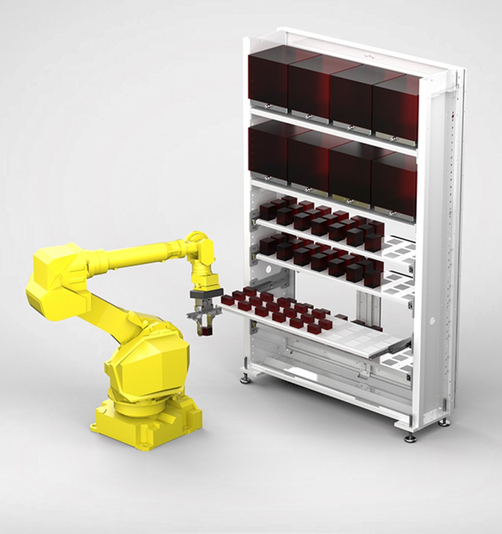 TEILEHANDLING/ WERKSTÜCKHANDLING. Es werden Werkstücke in das Regal oder eine Schublade gelegt und danach von einem Handlingsystem in die Spannvorrichtung auf dem Maschinentisch eingelegt. 