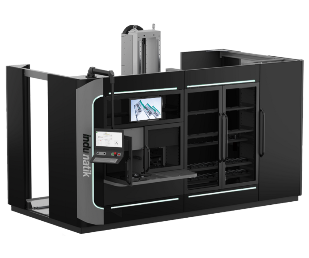 INDUMATIK – VL 200.  Flexibel dank Bodenfahrwerk.  Die Anlage kann sowohl als Palettenhandling oder Teilehandling oder kombiniert als Hybridanlage aufgebaut werden und dabei bis zu 200 kg Handlinggewicht automatisieren.