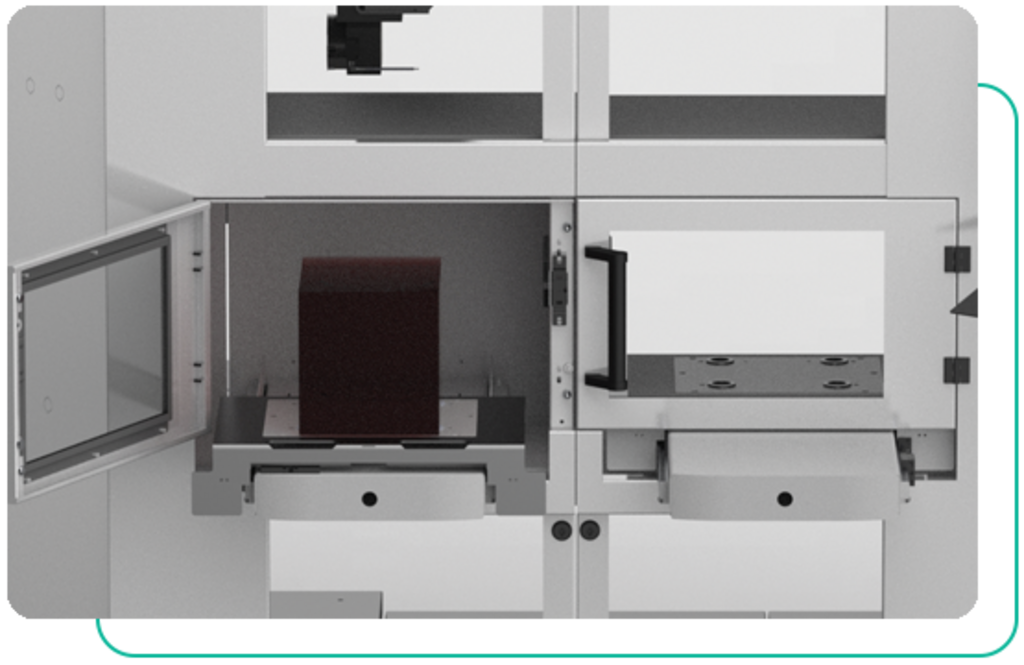 ERGONOMISCHE EIN- UND AUSLAGERUNGSTATION ermöglicht eine hauptzeitparallele Beladung. Der Maschinenbediener nutzt die Ein- und Auslagerungsstation während des Betriebs der Bearbeitungsmaschine, um die Automation zu bestücken.