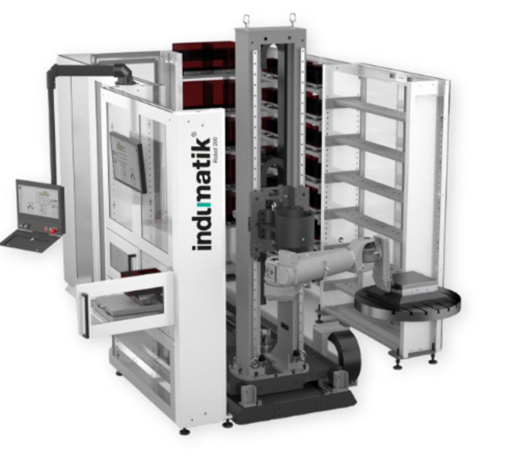 INDUMATIK – R 200.  Halb Scara – Halb Linearachsystem. Die Aufstellfläche der Anlage verkleinert sich zum klassischen Knickarmroboter je nach Projekt um ca. 50%. Durch eine vertikale Linearachse kann der Raum in mehreren Ebenen verwendet werden. 