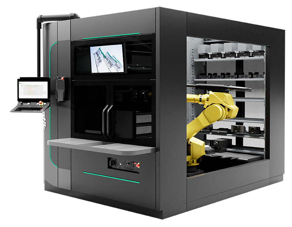 INDUMATIK – VR 70.  Mit einem Knickarmroboter von Fanuc kann die Indumatik VR 70 sowohl Paletten als auch Werkstücke direkt handhaben. Das Handhabungsgewicht beträgt 70 kg. Individuell in Modulbauweise sowohl für unterschiedliche Palettenarten und -größen als auch für das Werkstückhandling.  